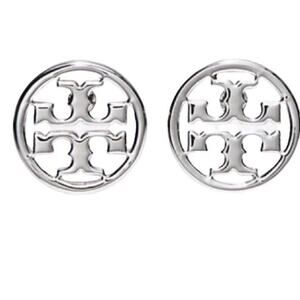 TORY BURCH Designer Silver Miller Round Circle Cut Out "T" Logo Stud Earrings